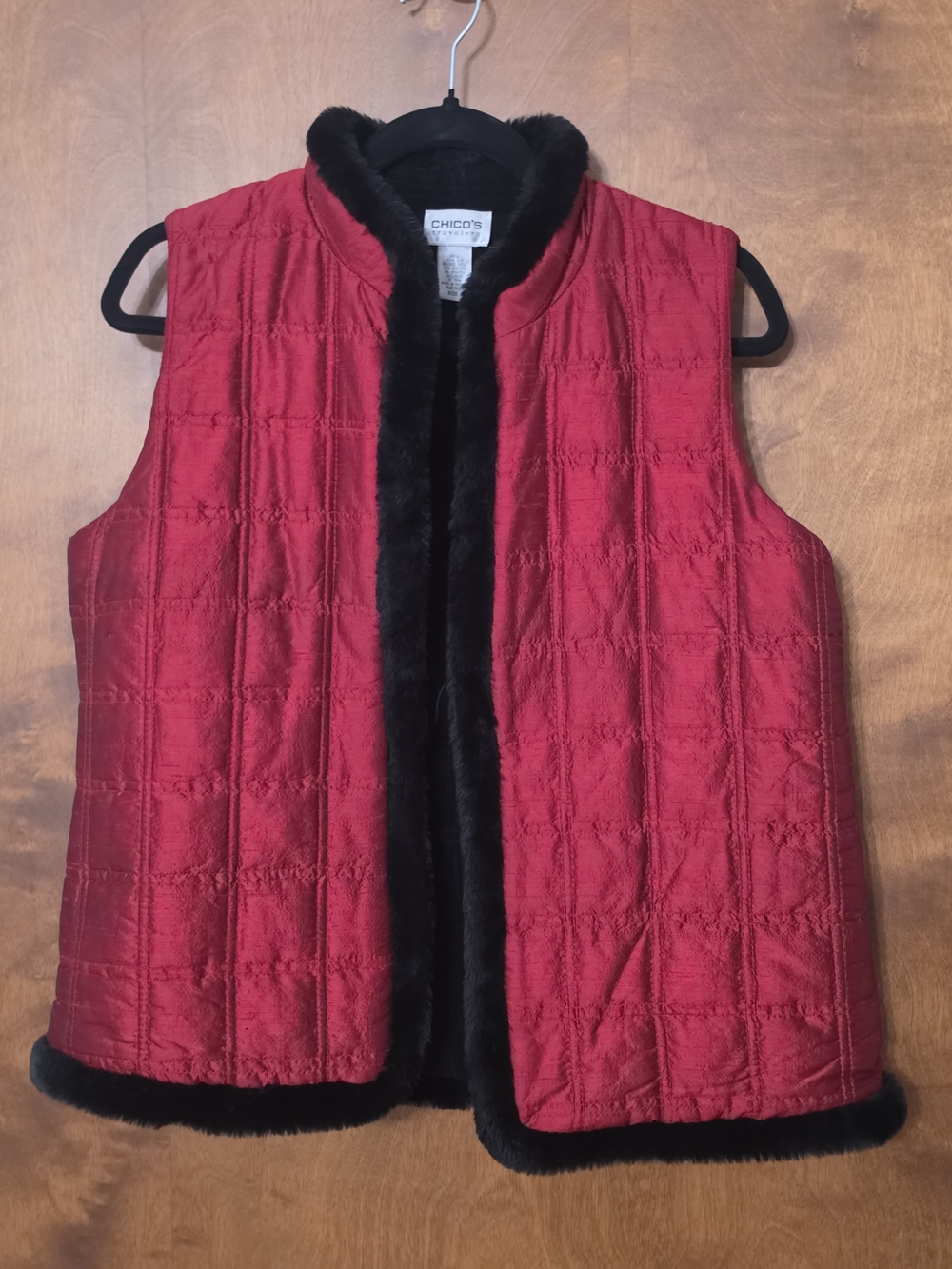 Chico's Red Quilted Vest with Black Faux Fur Trim